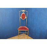 Brass hall chair with red crushed draylon upholstered seat and back {H 110cm x W 42cm x D 40cm }.