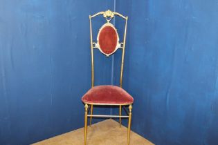 Brass hall chair with red crushed draylon upholstered seat and back {H 110cm x W 42cm x D 40cm }.