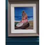 Framed acrylic on board - Girl at Seaside signed Kate. {45 cm H x 40 cm W}.