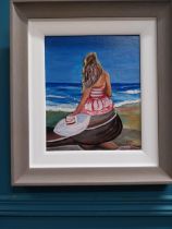 Framed acrylic on board - Girl at Seaside signed Kate. {45 cm H x 40 cm W}.