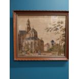 19th C. framed woollen tapestry of Church Building worked by Jane Wilson 1871 {57 cm H x 65 cm W}