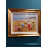 Gilt framed oil on Board - Family at Beach - Elizabeth Brophy. {65 cm H x 80 cm W}.