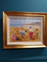 Gilt framed oil on Board - Family at Beach - Elizabeth Brophy. {65 cm H x 80 cm W}.