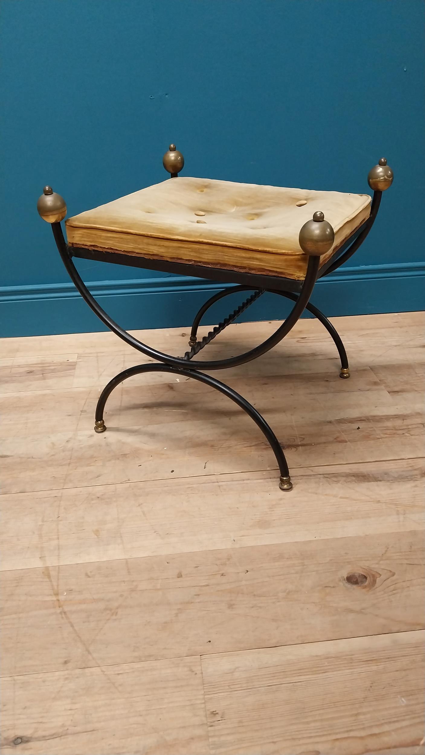Good quality early 20th C. metal and brass footstool with upholstered seat in the lyre form {51 cm H