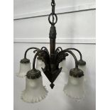 Six branch bronze chandelier with frosted fluted shades {H 69cm x Dia 55cm }.