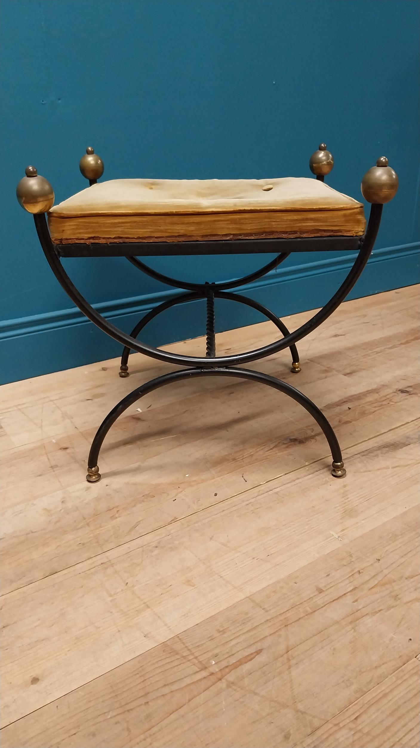 Good quality early 20th C. metal and brass footstool with upholstered seat in the lyre form {51 cm H - Image 3 of 4