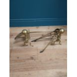 19th C. brass fire dogs and irons. Dogs {37 cm H x 15 cm W x 15 cm D}