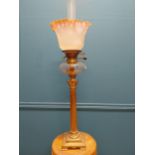 Edwardian brass oil lamp with frosted glass shade {80 cm H x 22 cm Dia.}.