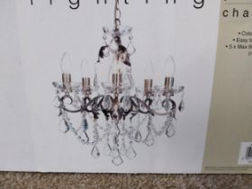 Juliet brushed brass five branch crystal chandelier - unused new in box.{ cm H cm W cm D}.