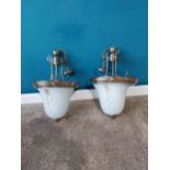 Pair of opaline glass shades with brushed brass galleries {50 cm H 34 cm W 34cm D}.