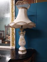 Pair of 19th C. milk glass and gilt table lamps decorated with foliage and flowers and cloth