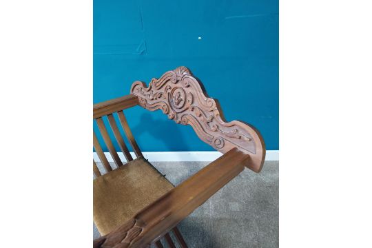 Carved walnut x-framed Throne chair decorated with lion's masks. {86 cm H x62 cm W x 54 cm D}.{ cm H - Image 3 of 4