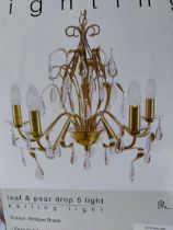 Brushed brass five branch crystal chandelier - unused new in box {Drop 97 cm H}.{ cm H cm W cm D}.