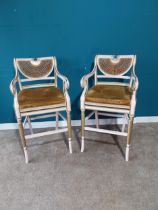 Pair of good quality painted and gilded counter stools with crushed velvet upholstered seat in the