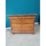 19th C. French burr walnut chest of drawers with marble top with four drawers on bracket feet. {