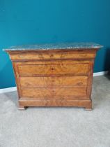 19th C. French burr walnut chest of drawers with marble top with four drawers on bracket feet. {