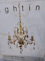 Brushed brass five branch crystal chandelier - unused new in box {Drop 97 cm H}.{ cm H cm W cm D}.