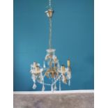 Brushed brass five branch crystal chandelier - one cup missing {Drop 86 cm H 47 cm W 47cm D}.