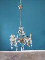 Brushed brass five branch crystal chandelier - one cup missing {Drop 86 cm H 47 cm W 47cm D}.