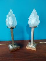 Pair of good quality early 20th C. brass table lamps with frosted glass shades {46 cm H 13 cm W 13cm