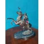 Bronze model of American Indian on horseback on marble base. {36 cm H x 34 cm W x 16 cm D}.{ cm H cm