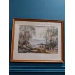 Framed watercolour Lake Scene M J M Turner 1987 {38 cm H x 46 cm W}. { cm H cm W cm D}.