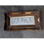 Marble resin Grecian plaque mounted in giltwood frame. {33 cm H x 68 cm W}.{ cm H cm W cm D}.