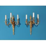 Pair of exceptional quality gilded bronze three branch wall sconces in the Empire style {52 cm H x