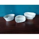 Three early 20th C. ceramic jelly moulds {9 cm H x 20 cm W x 16 cm D, 12 cm H x 16 cm W and 8 cm H x