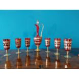 Early 20th C. Ruby glass and gilt decanter with six matching glasses {42 cm H x 15 cm Dia. And 18 cm