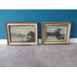 Two early 20th C. oil on canvas country scenes mounted in giltwood frames in need of restoration {