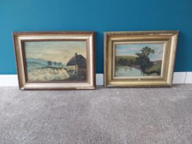 Two early 20th C. oil on canvas country scenes mounted in giltwood frames in need of restoration {