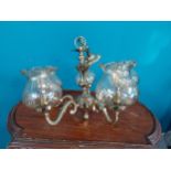 Vintage brass five branch chandelier with glass shades. {30 cm H x 50 cm Diam}.