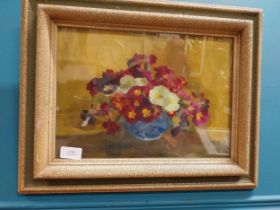 Framed Oil on Canvas - Primroses - M Barry {36 cm H x 48 cm W} { cm H cm W cm D}.