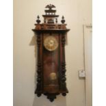 19th C. mahogany Vienna wall clock with brass and painted dial {135 cm H x 48 cm W x 20 cm D}.