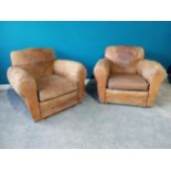 Pair of French leather club chairs in need of restoration {80 cm H 95 cm W 89cm D}.