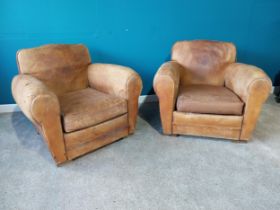 Pair of French leather club chairs in need of restoration {80 cm H 95 cm W 89cm D}.