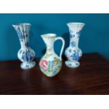 Pair of blue and white ceramic vases and decorative ceramic water jug {31 cm H x 13 cm Dia and 26 cm