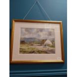 Gilt framed watercolour - Feeding the Hens in Connemara - P M Logue. {56 cm H x 45 cm W}. { cm H