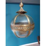 Good quality gilded brass ribbed glass hall lantern {Lantern 75cm H x 44cm Dia. Chain 55cm L}