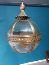 Good quality gilded brass ribbed glass hall lantern {Lantern 75cm H x 44cm Dia. Chain 55cm L}