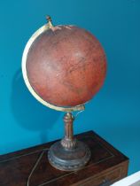 Rare early 20th C. light up glass world globe on brass and walnut stand {63 cm H x 34 cm W x 30 cm