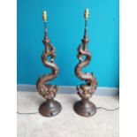 Pair of good quality painted and gilded cast iron table lamps in the form of Carp.