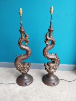 Pair of good quality painted and gilded cast iron table lamps in the form of Carp.