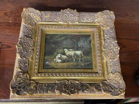 Ornate gilt framed oleograph - Sheep in Barn {45 cm H x 50 cm W}.