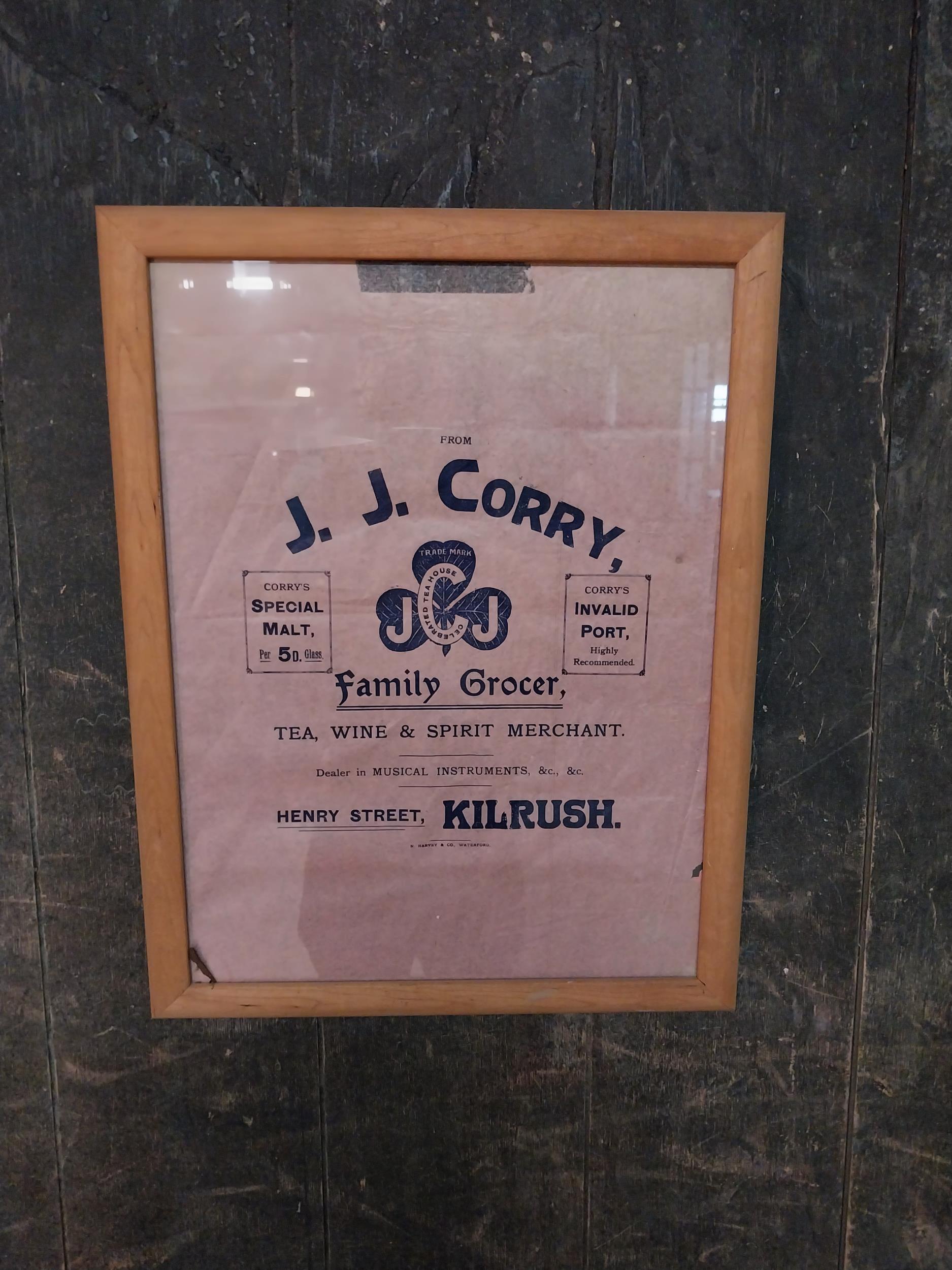 Original J.J. Corry Family Grocers advertisement mounted in pine frame {56 cm H x 44 cm W}.