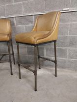 Pair of good quality industrial bar - pub stools with leather upholstered seat and brushed steel