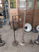 Two brass standard lamps {184, 156 cm H} and polished steel standard lamp {124 cm H}.