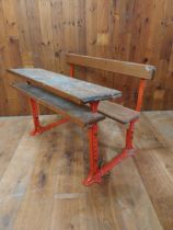 1950s pitch pine and cast iron double adjustable school desk {74 cm H x 102 cm W x 65 cm D}.