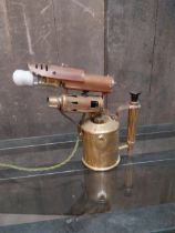 Early 20th C. blow torch converted to table lamp in working order {26 cm H x 28 cm W x 12 cm D}.